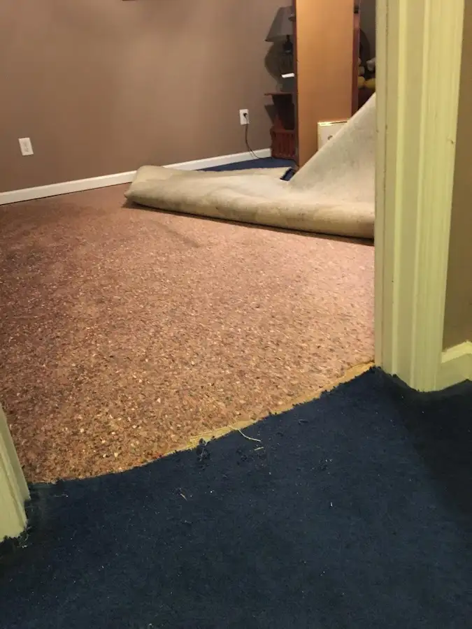 Carpet pad removal revealing water damage during Drying & Dehumidification in Big Bear Lake